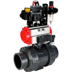 Кран шаровой BV4242E-FP-GRM-ISO Дн20 Ру10 полнопроходной, корпус - НПВХ, шар - НПВХ, уплотнение - EPDM, с пневмоприводом PA-SA-052, пневмораспределителем 4M310-08 DC24V, БКВ APL-410N EX и БПВ AFC2000