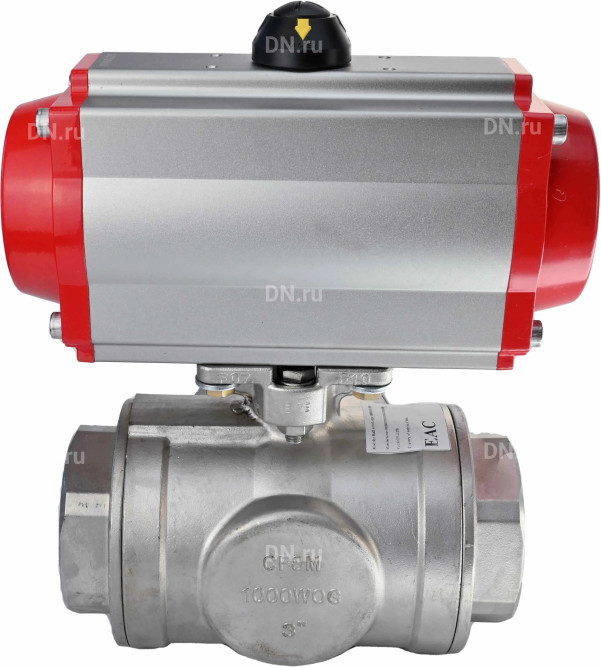 Кран шаровой BV3232P(4pc)-SP-3WL-T-ISO-H Ду20 Ру63 стандартнопроходной L-тип, трехходовой, нержавеющая сталь SS316, внутренняя резьба, уплотнение - PTFE, с пневмоприводом PA-SA-52 с возвратными пружинами в Хабаровске