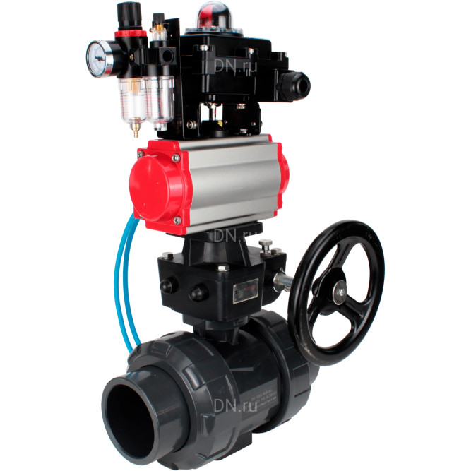 Кран шаровой BV4242E-FP-GRM-ISO Дн15 Ру10 полнопроходной, корпус - НПВХ, шар - НПВХ, уплотнение - EPDM, с пневмоприводом PA-DA-052, пневмораспределителем 4V320-10 AC220V, ручным дублером MON1-250-T26-ISO, БКВ APL-410N EX и БПВ AFC2000 в Хабаровске