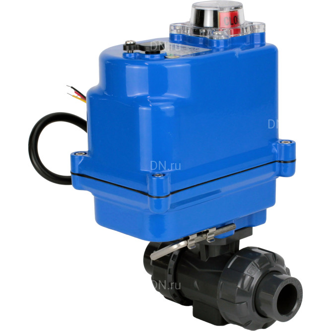 Кран шаровой BV4242E-FP-GRM-ISO Дн20 Ру10 полнопроходной, клеевой с разборным муфтовым соединением, корпус - НПВХ, шар - НПВХ, уплотнение - EPDM, с электроприводом QT-N-003EM-O1-12VDC-У1 blue в Хабаровске