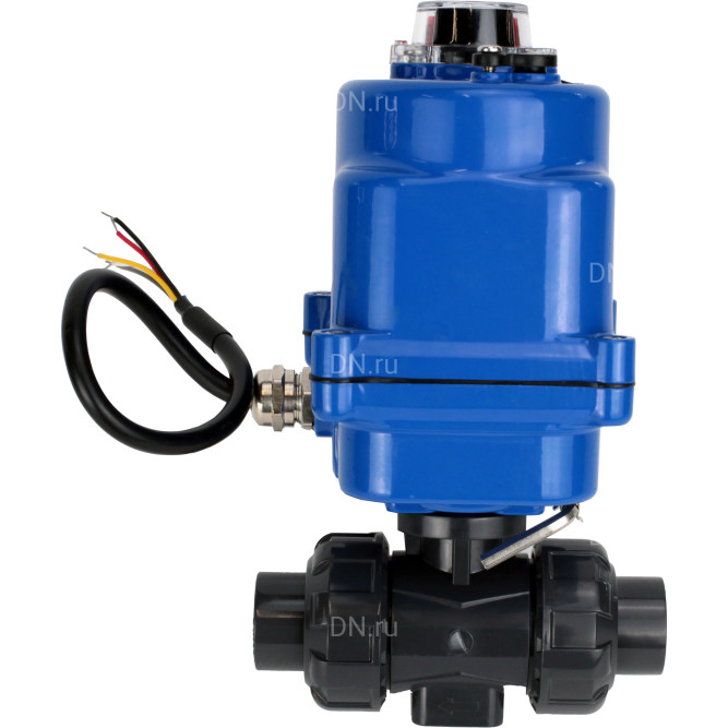 Кран шаровой BV4242E-FP-GRM-ISO Дн20 Ру10 полнопроходной, клеевой с разборным муфтовым соединением, корпус - НПВХ, шар - НПВХ, уплотнение - EPDM, с электроприводом QT-N-003EM-O1-12VDC-У1 blue в Хабаровске