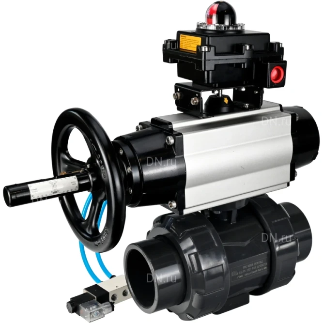 Кран шаровой BV4242E-FP-GRM-ISO Дн20 Ру10 полнопроходной, корпус - НПВХ, шар - НПВХ, уплотнение - EPDM, с пневмоприводом PA-DA-105-1, пневмораспределителем 4V320-10 AC220V и БКВ APL-410N EX в Хабаровске
