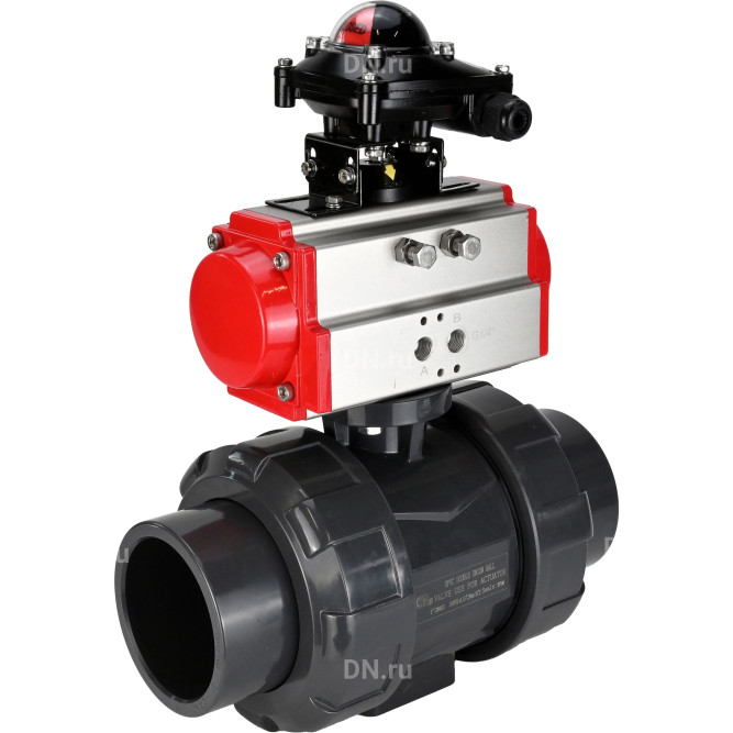 Кран шаровой BV4242E-FP-GRM-ISO Дн25 Ру10 полнопроходной, корпус - НПВХ, шар - НПВХ, уплотнение - EPDM, с пневмоприводом PA-SA-052 и БКВ APL-210N в Хабаровске