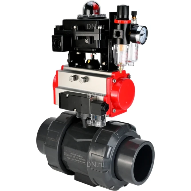 Кран шаровой BV4242E-FP-GRM-ISO Дн65 Ру10 полнопроходной, корпус - НПВХ, шар - НПВХ, уплотнение - EPDM, с пневмоприводом PA-SA-065, пневмораспределителем 4M310-08 DC24V, БКВ APL-410N EX и БПВ AFC2000 в Хабаровске
