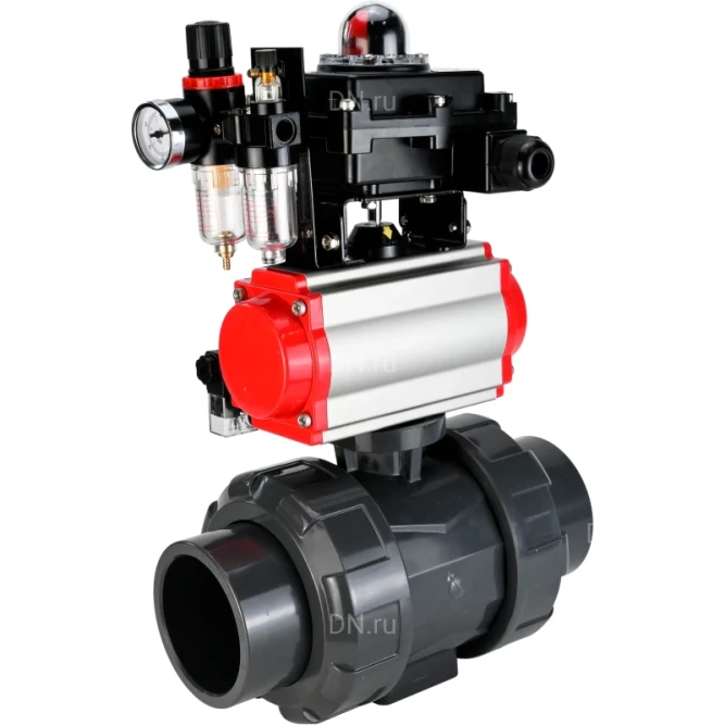 Кран шаровой BV4242E-FP-GRM-ISO Дн65 Ру10 полнопроходной, корпус - НПВХ, шар - НПВХ, уплотнение - EPDM, с пневмоприводом PA-SA-065, пневмораспределителем 4M310-08 DC24V, БКВ APL-410N EX и БПВ AFC2000 в Хабаровске