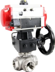 Кран шаровой BV3232P(4pc)-SP-3WL-T-ISO-H Ду50 Ру63 стандартнопроходной трехходовой L-тип, нерж. сталь SS316, внутренняя резьба, уплотнение - PTFE, пн.приводом PA-DA-065, пн.распределителем 4M310-08 DC24V и ручным дублером MON1-250-T26-ISO