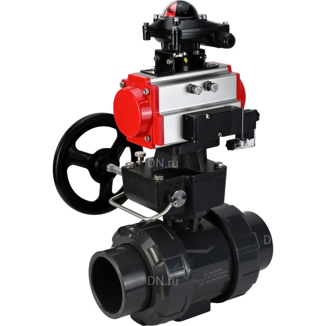 Кран шаровой BV4242E-FP-GRM-ISO Дн40 Ру10 полнопроходной, корпус - НПВХ, шар - НПВХ, уплотнение - EPDM, с пневмоприводом PA-DA-052, пневмораспределителем 4M310-08 DC24V, ручным дублером MON1-250-T26-ISO и БКВ APL-210N в Хабаровске