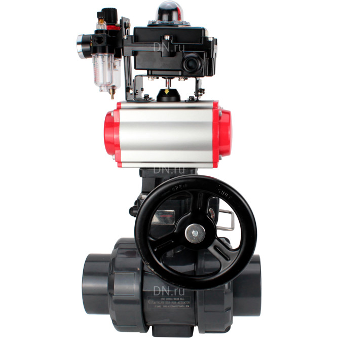 Кран шаровой BV4242E-FP-GRM-ISO Дн25 Ру10 полнопроходной, корпус - НПВХ, шар - НПВХ, уплотнение - EPDM, с пневмоприводом PA-DA-052, пневмораспределителем 4V320-10 AC220V, ручным дублером MON1-250-T26-ISO, БКВ APL-410N EX и БПВ AFC2000 в Хабаровске