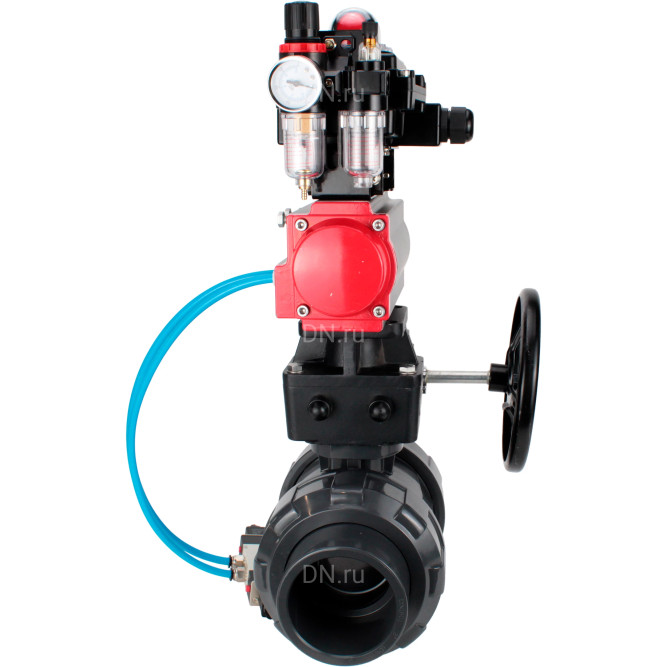 Кран шаровой BV4242E-FP-GRM-ISO Дн25 Ру10 полнопроходной, корпус - НПВХ, шар - НПВХ, уплотнение - EPDM, с пневмоприводом PA-DA-052, пневмораспределителем 4V320-10 AC220V, ручным дублером MON1-250-T26-ISO, БКВ APL-410N EX и БПВ AFC2000 в Хабаровске