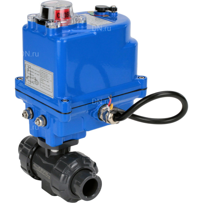 Кран шаровой BV4242E-FP-GRM-ISO Дн32 Ру10 полнопроходной, клеевой с разборным муфтовым соединением, корпус - НПВХ, шар - НПВХ, уплотнение - EPDM, с электроприводом QT-N-003EM-O1-12VDC-У1 blue в Хабаровске