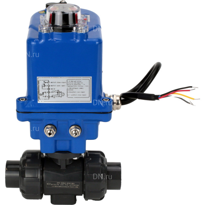 Кран шаровой BV4242E-FP-GRM-ISO Дн32 Ру10 полнопроходной, клеевой с разборным муфтовым соединением, корпус - НПВХ, шар - НПВХ, уплотнение - EPDM, с электроприводом QT-N-003EM-O1-12VDC-У1 blue в Хабаровске