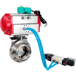 Затвор дисковый поворотный WBV3131S-2W-T-H Ду32 Ру10, резьбовой, пищевая нержавеющая сталь 304, уплотнение - Silicon, с пневмоприводом PA-SA-065, пневмораспределителем 4M320-10 AC220V и магнитным переключателем ALS200D