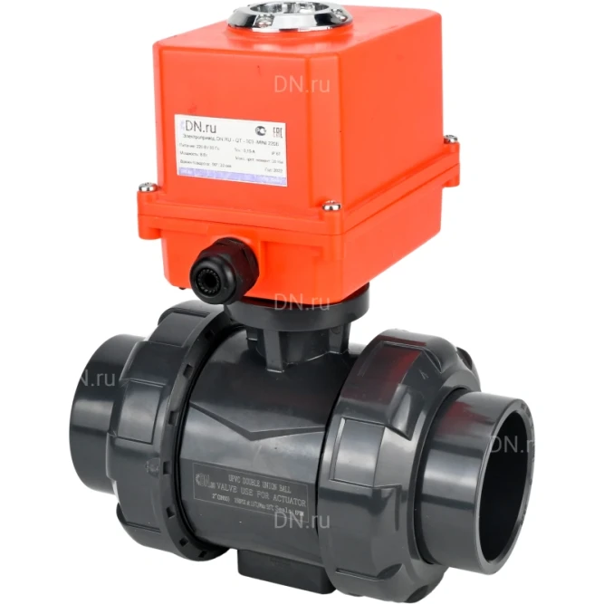 Кран шаровой BV4242E-FP-GRM-ISO Дн25 Ру10 полнопроходной, корпус - НПВХ, шар - НПВХ, уплотнение - EPDM, с электроприводом QT-N-003EM-O1-220VAC-У1 MINI в Хабаровске