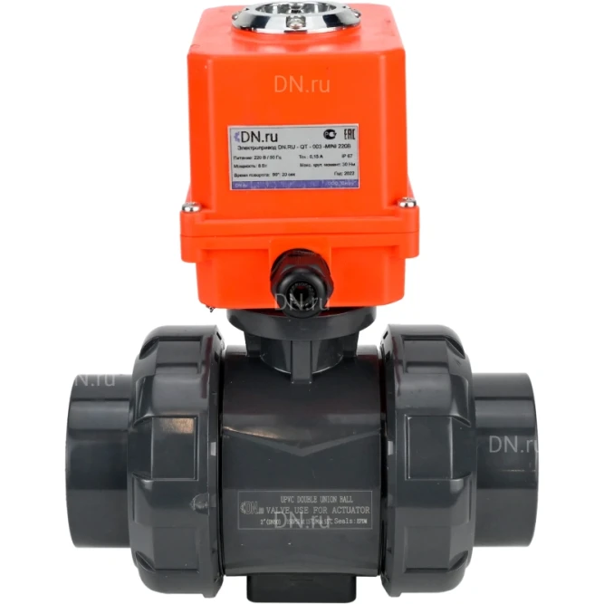 Кран шаровой BV4242E-FP-GRM-ISO Дн25 Ру10 полнопроходной, корпус - НПВХ, шар - НПВХ, уплотнение - EPDM, с электроприводом QT-N-003EM-O1-220VAC-У1 MINI в Хабаровске