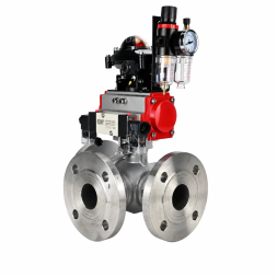 Кран шаровой BV3232P(2pc)-FP-3WL-F-ISO-H Ду20 Ру16 HYMT трехходовой L-тип, полнопроходной, фланцевый, корпус - нержавеющая сталь AISI316, с пневмоприводом PA-DA-052, пневмораспределителем 4M320-10 AC220V, БКВ APL-210N и БПВ AFC2000