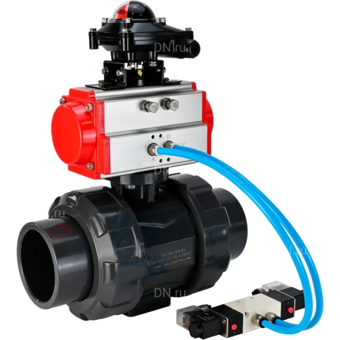 Кран шаровой BV4242E-FP-GRM-ISO Дн32 Ру10 полнопроходной, корпус - НПВХ, шар - НПВХ, уплотнение - EPDM, с пневмоприводом PA-DA-052, пневмораспределителем 4V320-08 AC220V и БКВ APL-210N в Хабаровске