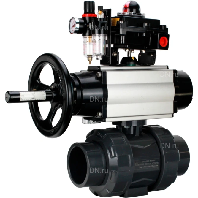 Кран шаровой BV4242E-FP-GRM-ISO Дн15 Ру10 полнопроходной, корпус - НПВХ, шар - НПВХ, уплотнение - EPDM, с пневмоприводом PA-DA-105-1, пневмораспределителем 4M310-08 DC24V, БКВ APL-410N EX и БПВ AFC2000 в Хабаровске