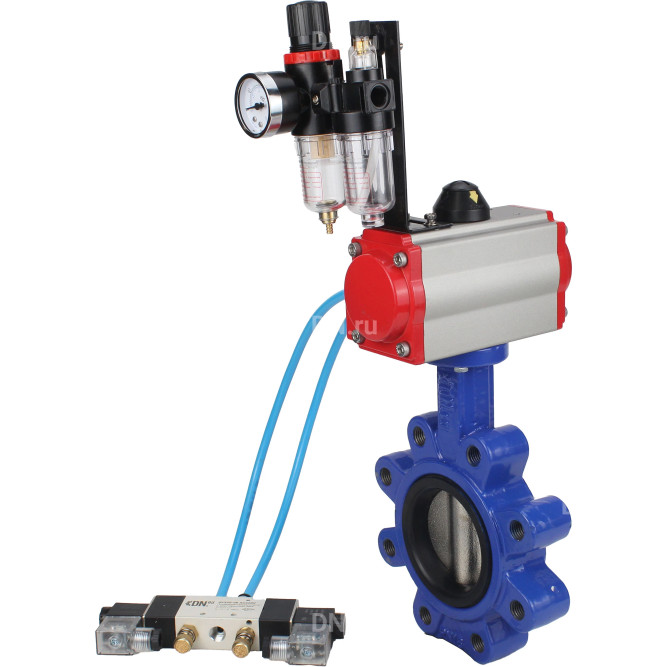 Затвор дисковый поворотный WBV1616N-2W-Fb-H Ду65 Ру16 LUG корпус - чугун QT450, диск - чугун QT450, уплотнение - NBR, с пневмоприводом PA-SA-105, пневмораспределителем 4V320-10 AC220V и БПВ AFC2000 в Хабаровске