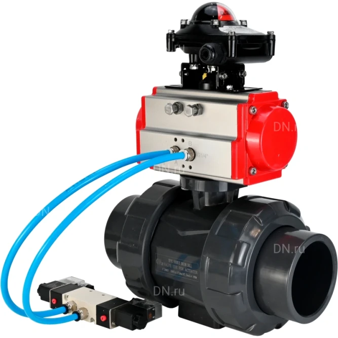 Кран шаровой BV4242E-FP-GRM-ISO Дн40 Ру10 полнопроходной, корпус - НПВХ, шар - НПВХ, уплотнение - EPDM, с пневмоприводом PA-DA-052, пневмораспределителем 4V320-08 AC220V и БКВ APL-210N в Хабаровске