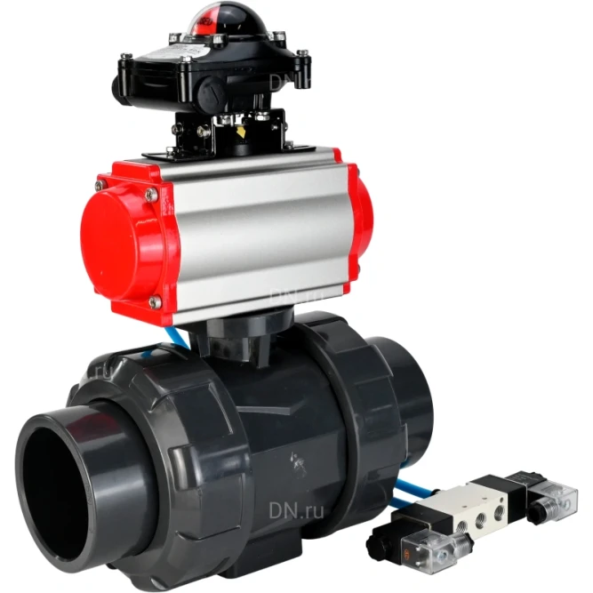 Кран шаровой BV4242E-FP-GRM-ISO Дн40 Ру10 полнопроходной, корпус - НПВХ, шар - НПВХ, уплотнение - EPDM, с пневмоприводом PA-DA-052, пневмораспределителем 4V320-08 AC220V и БКВ APL-210N в Хабаровске