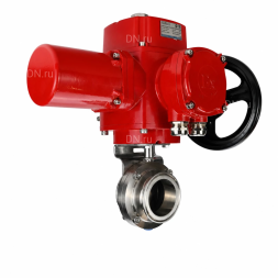 Затвор дисковый поворотный WBV3131S-2W-C-H Ду80 Ру10 кламповый, корпус - пищевая нержавеющая сталь 304, уплотнение - Silicon, с электроприводом QT-EX-005M-O2-380VAC-У1 с моментной муфтой и штурвалом
