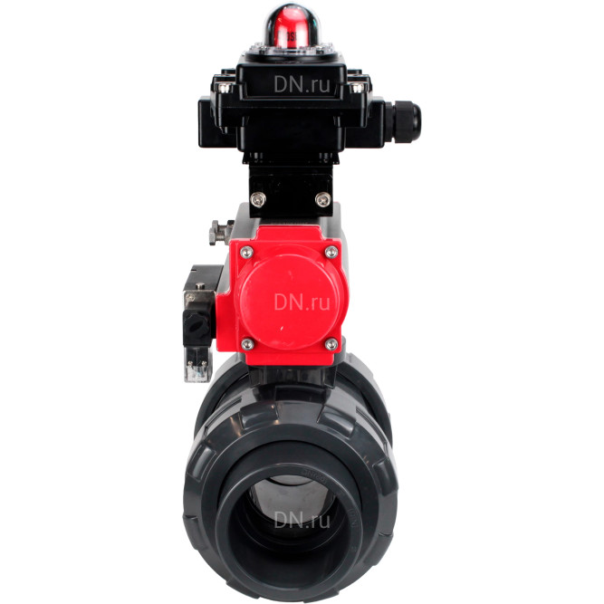 Кран шаровой BV4242E-FP-GRM-ISO Дн40 Ру10 полнопроходной, корпус - НПВХ, шар - НПВХ, уплотнение - EPDM, с пневмоприводом PA-DA-052, пневмораспределителем 4M310-08 DC24V и БКВ APL-410N EX в Хабаровске