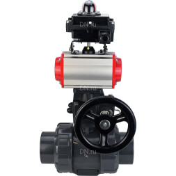 Кран шаровой BV4242E-FP-GRM-ISO Дн15 Ру10 полнопроходной, корпус - НПВХ, шар - НПВХ, уплотнение - EPDM, с пневмоприводом PA-DA-052, пневмораспределителем 4M310-08 AC220V, ручным дублером MON1-250-T26-ISO и БКВ APL-410N EX