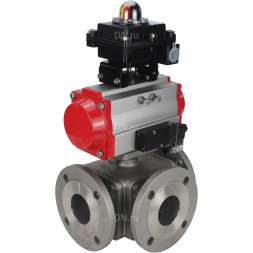 Кран шаровой BV3232P(4pc)-FP-3WL-F Ду50 Ру16 полнопроходной трехходовой, фланцевый, корпус - нержавеющая сталь SS316, с пневмоприводом PA-SA-105 с возвратными пружинами, пневмораспределителем 4M310-08 DC24V и БКВ APL-410N EX