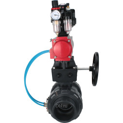 Кран шаровой BV4242E-FP-GRM-ISO Дн15 Ру10 полнопроходной, корпус - НПВХ, шар - НПВХ, уплотнение - EPDM, с пневмоприводом PA-DA-052, пневмораспределителем 4V320-08 AC220V, ручным дублером MON1-250-T26-ISO, БКВ APL-510N EX и БПВ AFC2000