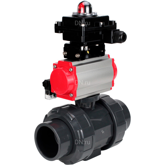 Кран шаровой BV4242E-FP-GRM-ISO Дн80 Ру10 полнопроходной, корпус - НПВХ, шар - НПВХ, уплотнение - EPDM, с пневмоприводом PA-DA-065, пневмораспределителем 4M310-08 DC24V и БКВ APL-410N EX в Хабаровске
