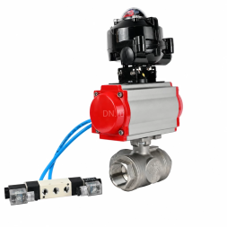 Кран шаровой BV3232P(4pc)-SP-3WL-T-ISO-H WDVF Ду65 Ру40 стандартнопроходной, 3-ходовой L-тип, внутренняя резьба, нержавеющая сталь AISI 316, PTFE, с пневмоприводом PA-SA-140, пневмораспределителем 4V320-08 AC220V и БКВ APL-510N EX