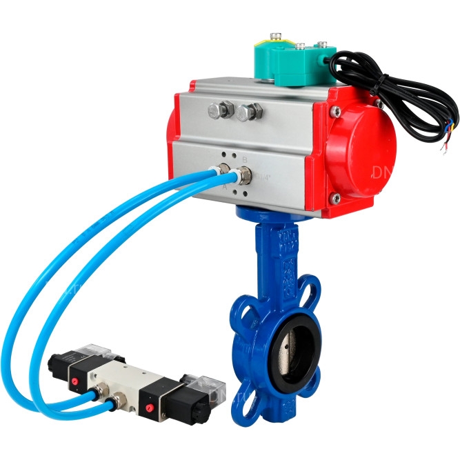Затвор дисковый поворотный WBV1413E-2W-Fb-H Ду40 Ру16 корпус - чугун GGG50, диск - чугун GGG40, уплотнение - EPDM, 9х9, F05, с пневмоприводом PA-DA-052, пневмораспределителем 4V320-08 AC220V и магнитным переключателем ALS200D в Хабаровске