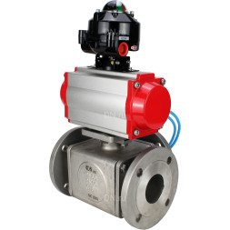 Кран шаровой BV3232P(4pc)-FP-3WL-F Ду20 Ру16 полнопроходной трехходовой, фланцевый, корпус - нержавеющая сталь SS316, с пневмоприводом PA-DA-052 двойного действия, пневмораспределителем 4V320-10 AC220V и БКВ APL-510N EX
