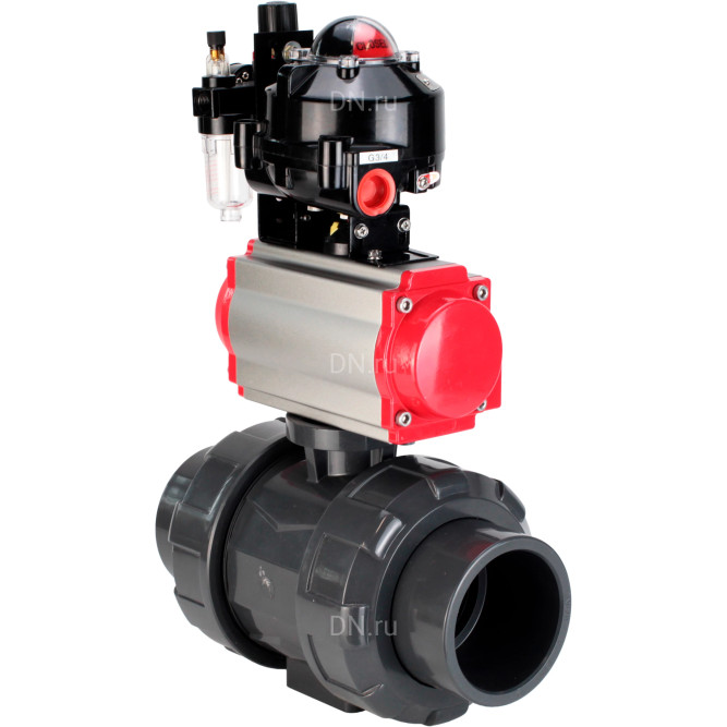Кран шаровой BV4242E-FP-GRM-ISO Дн15 Ру10 полнопроходной, корпус - НПВХ, шар - НПВХ, уплотнение - EPDM, с пневмоприводом PA-DA-052, пневмораспределителем 4M310-08 AC220V, БКВ APL-510N EX и БПВ AFC2000 в Хабаровске