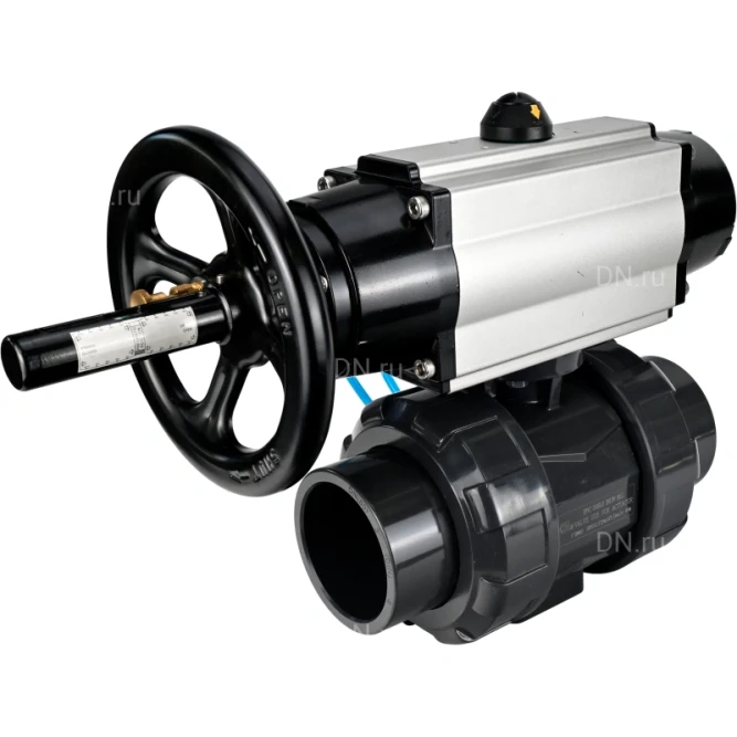 Кран шаровой BV4242E-FP-GRM-ISO Дн32 Ру10 полнопроходной, корпус - НПВХ, шар - НПВХ, уплотнение - EPDM, с пневмоприводом PA-DA-105-1 и пневмораспределителем 4V320-08 AC220V в Хабаровске