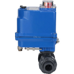 Кран шаровой BV4242E-FP-GRM-ISO Дн40 Ру10 полнопроходной, клеевой с разборным муфтовым соединением, корпус - НПВХ, шар - НПВХ, уплотнение - EPDM, с электроприводом QT-N-003EM-O1-24VDC-У1 blue