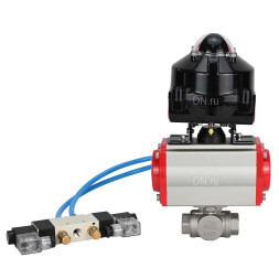 Кран шаровой BV3232P(4pc)-SP-3WL-T-ISO-H 2″ Ду50 Ру63 стандартнопроходной трехходовой L-тип, нержавеющая сталь SS316, внутренняя резьба, уплотнение - PTFE, с пн.приводом PA-SA-083 пн.распределителем 4V320-10 AC220V БКВ APL-510N-EX