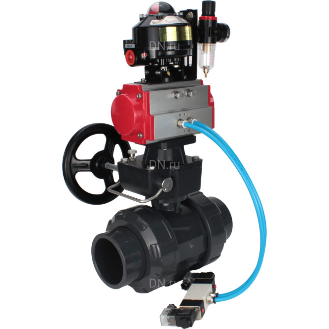 Кран шаровой BV4242E-FP-GRM-ISO Дн100 Ру10 полнопроходной, корпус - НПВХ, шар - НПВХ, уплотнение - EPDM, с пневмоприводом PA-DA-065, пневмораспределителем 4V320-08 AC220V, ручным дублером MON1-250-T26-ISO, БКВ APL-510N EX и БПВ AFC2000 в Хабаровске