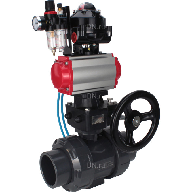Кран шаровой BV4242E-FP-GRM-ISO Дн100 Ру10 полнопроходной, корпус - НПВХ, шар - НПВХ, уплотнение - EPDM, с пневмоприводом PA-DA-065, пневмораспределителем 4V320-08 AC220V, ручным дублером MON1-250-T26-ISO, БКВ APL-510N EX и БПВ AFC2000 в Хабаровске