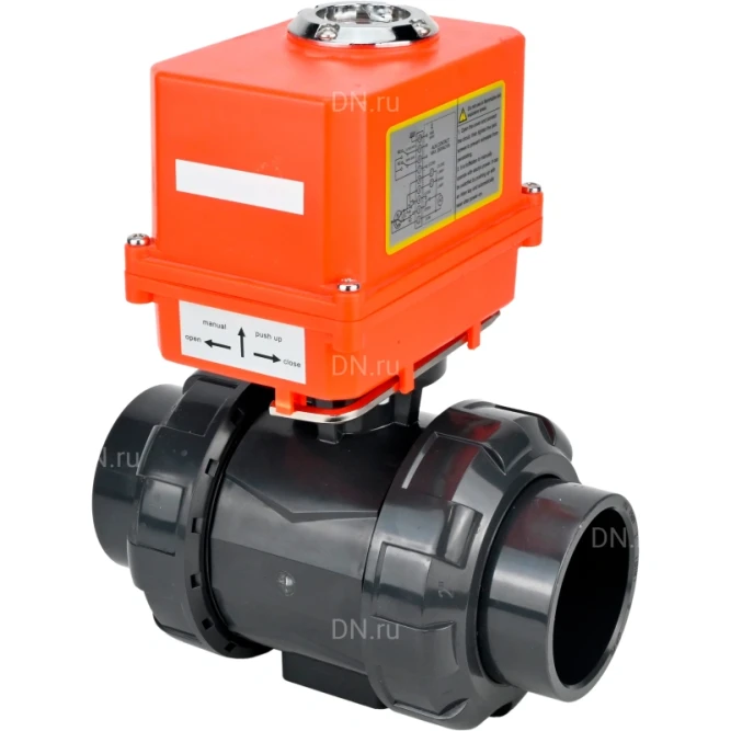 Кран шаровой BV4242E-FP-GRM-ISO Дн32 Ру10 полнопроходной, клеевой с разборным муфтовым соединением, корпус - НПВХ, шар - НПВХ, уплотнение - EPDM, с электроприводом QT-N-003EM-O1-220VAC-У1 MINI в Хабаровске