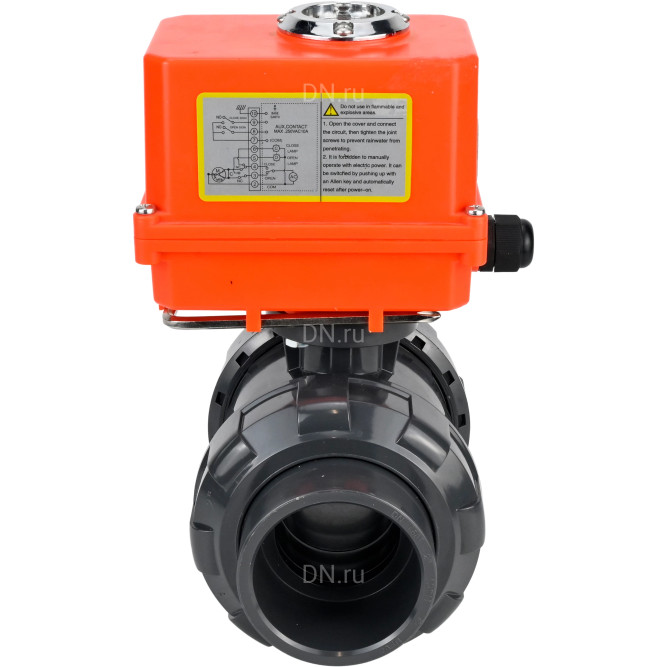 Кран шаровой BV4242E-FP-GRM-ISO Дн32 Ру10 полнопроходной, клеевой с разборным муфтовым соединением, корпус - НПВХ, шар - НПВХ, уплотнение - EPDM, с электроприводом QT-N-003EM-O1-220VAC-У1 MINI в Хабаровске
