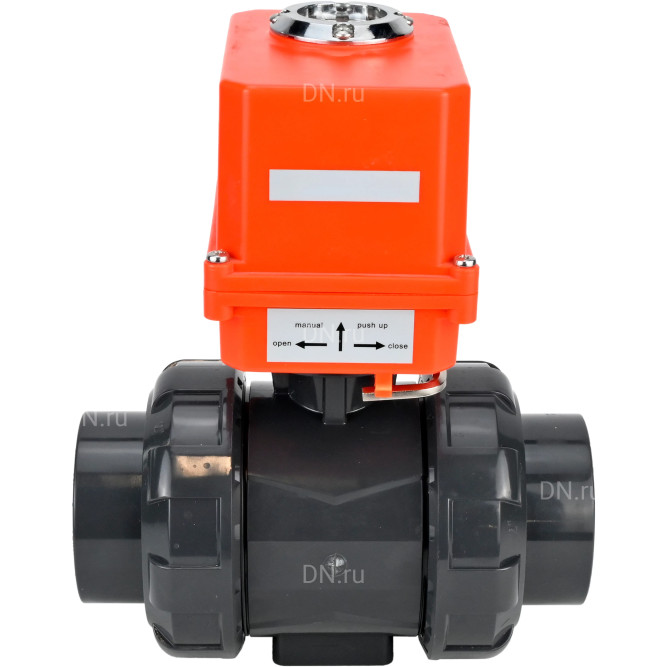 Кран шаровой BV4242E-FP-GRM-ISO Дн32 Ру10 полнопроходной, клеевой с разборным муфтовым соединением, корпус - НПВХ, шар - НПВХ, уплотнение - EPDM, с электроприводом QT-N-003EM-O1-220VAC-У1 MINI в Хабаровске