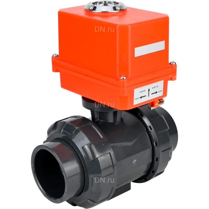 Кран шаровой BV4242E-FP-GRM-ISO Дн32 Ру10 полнопроходной, клеевой с разборным муфтовым соединением, корпус - НПВХ, шар - НПВХ, уплотнение - EPDM, с электроприводом QT-N-003EM-O1-220VAC-У1 MINI в Хабаровске