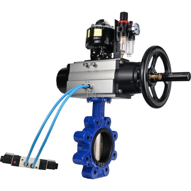 Затвор дисковый поворотный WBV1616E-2W-Fb-H Ду150 Ру16 LUG корпус - чугун QT450, диск - чугун QT450, уплотнение - EPDM, с пневмоприводом PA-DA-105-1, пневмораспределителем 4V320-08 AC220V, БКВ APL-510N EX и БПВ AFC2000 в Хабаровске