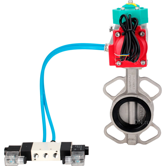 Затвор дисковый поворотный WBV3131E-2W-Fb-H Ду150 Ру16 корпус - нержавеющая сталь 304, диск - нержавеющая сталь 304, уплотнение - EPDM, с пневмоприводом PA-DA-105, пневмораспределителем 4V320-10 AC220V и магнитным переключателем ALS200D в Хабаровске