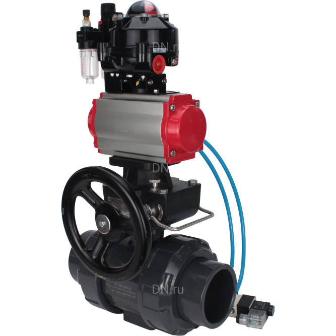 Кран шаровой BV4242E-FP-GRM-ISO Дн25 Ру10 полнопроходной, корпус - НПВХ, шар - НПВХ, уплотнение - EPDM, с пневмоприводом PA-DA-052, пневмораспределителем 4V320-10 AC220V, ручным дублером MON1-250-T26-ISO, БКВ APL-510N EX и БПВ AFC2000 в Хабаровске