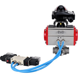 Кран шаровой BV3232P(4pc)-SP-3WL-T-ISO-H Ду40 Ру63, стандартнопроходной, четырехсоставной, корпус - нержавеющая сталь 316, уплотнение - PTFE, внутренняя резьба, с пневмоприводом PA-SA-083, пневмораспределителем 4V320-08 AC220V, БКВ APL-210N