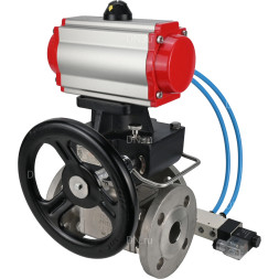 Кран шаровой BV3232P(4pc)-FP-3WL-F Ду40 Ру16 полнопроходной трехходовой, фланцевый, корпус - нержавеющая сталь SS316, с пневмоприводом PA-DA-065 двойного действия, пневмораспределителем 4V320-08 AC220V и ручным дублером MON1-250-T26-ISO
