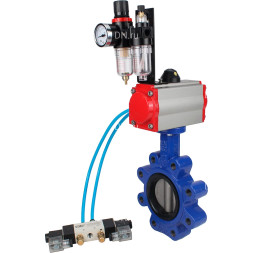 Затвор дисковый поворотный WBV1631E-2W-Fb-H Ду80 Ру16 LUG, корпус - чугун QT450, диск - нержавеющая сталь 304, уплотнение - EPDM, с пневмоприводом PA-DA-083, пневмораспределителем 4M320-08 AC220V и БПВ AFC2000