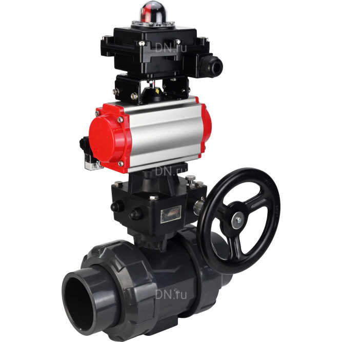 Кран шаровой BV4242E-FP-GRM-ISO Дн80 Ру10 полнопроходной, корпус - НПВХ, шар - НПВХ, уплотнение - EPDM, с пневмоприводом PA-DA-065, пневмораспределителем 4M310-08 DC24V, ручным дублером MON1-250-T26-ISO и БКВ APL-410N EX в Хабаровске
